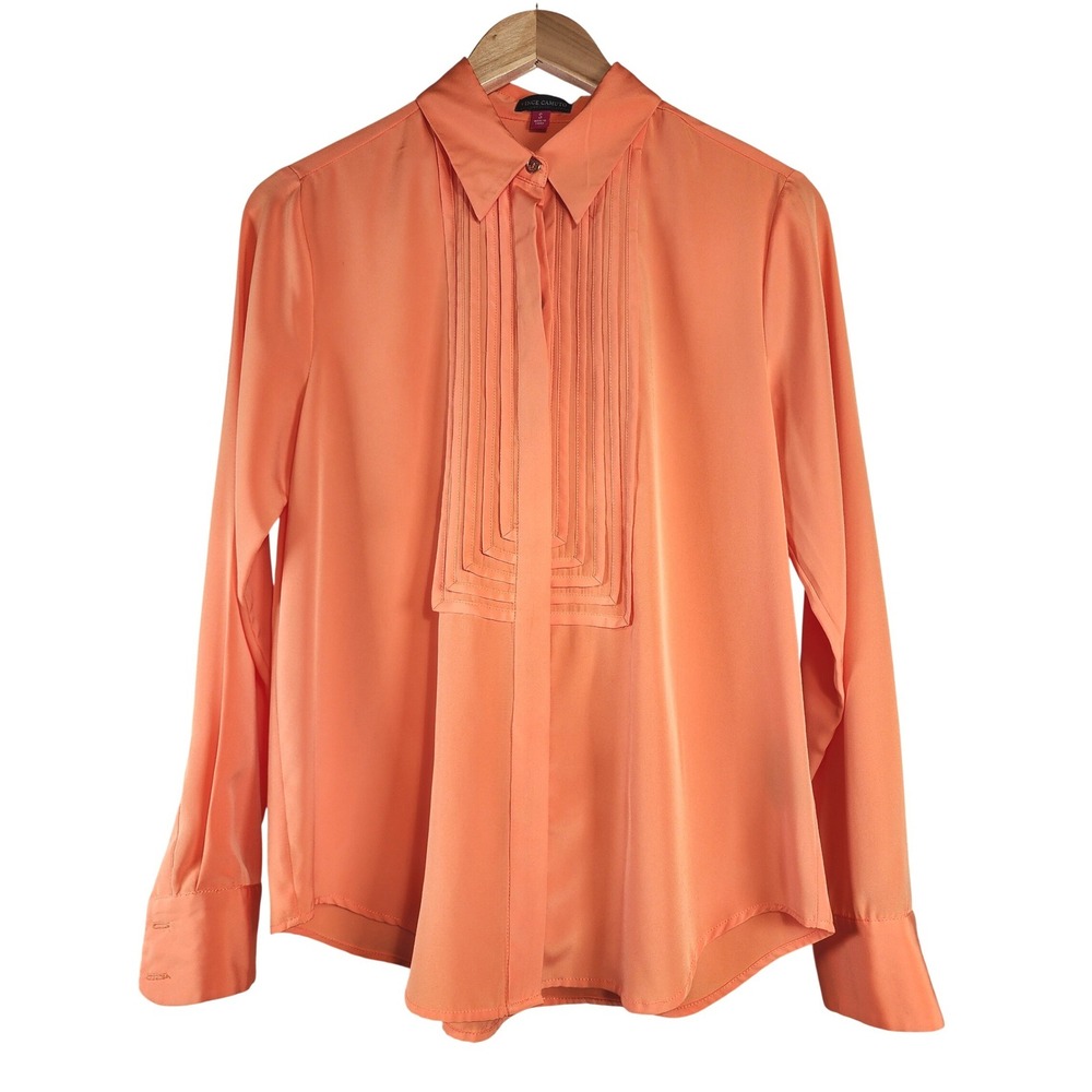 Vince Camuto Blouse Women Small Orange Pleated Bib Long Sleeve Button Up